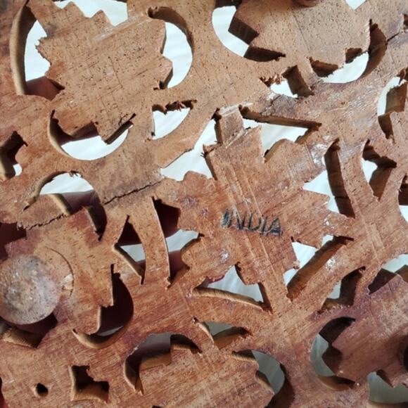Vintage Boho Indian Handcarved Wooden Round Trivet Plate - Picture 2 of 4